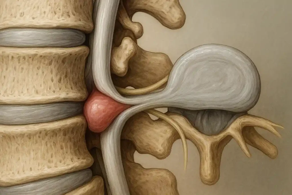 Protusão discal tocando a face ventral do saco dural